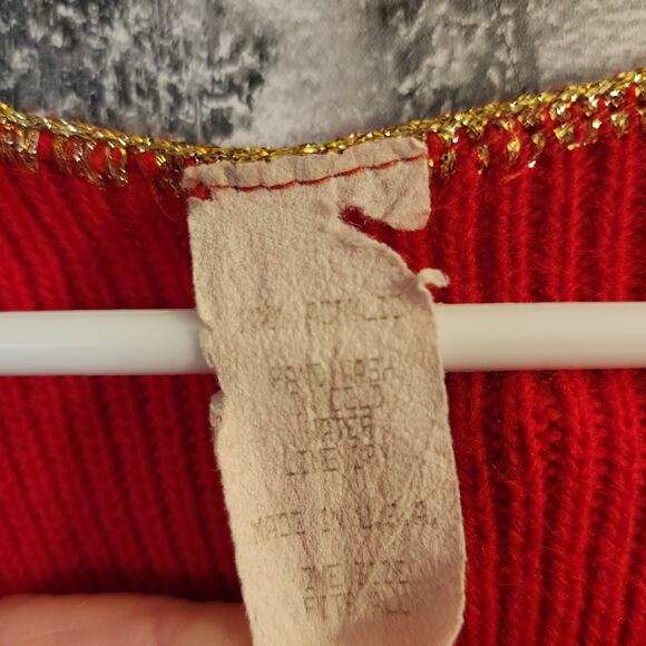 Vintage Red Holiday Christmas Tunic Ribbed Sweater Oversized gold trim One Size - Picture 2 of 4